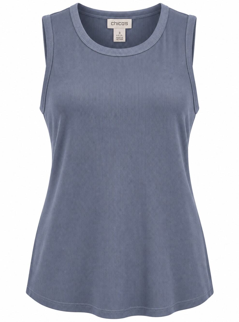 Chico’s Size 3 XL Blue Gray Ribbed Tank Top Sleeveless Crew Neck Stretch Basic